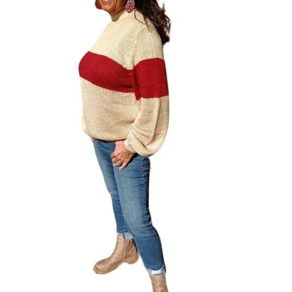 Roolee Knit Long Sleeve Mock Neck Striped Cream/Red Sweater Women Sz XXXL - Picture 8 of 8